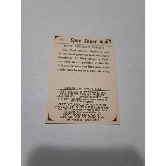 Vintage 1965 Hot Rod Magazine #11 Spec Sheet East African Safari Trading Card - Picture 2 of 2